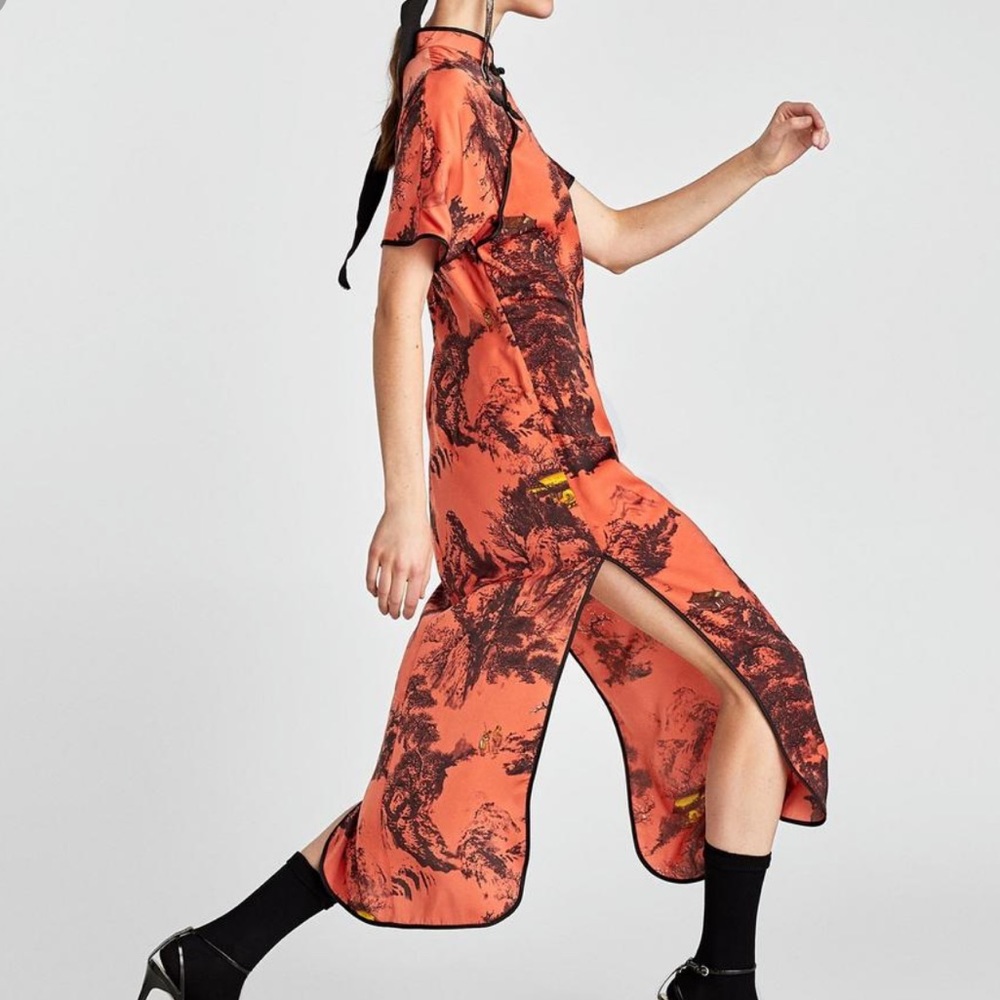 Zara Burnt Orange and Black Printed Midi Dress - Picture 3 of 8
